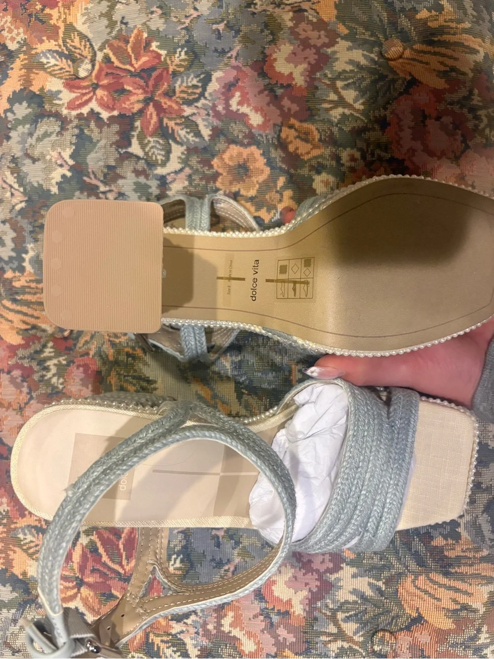 Dolce Vita Pale Green Braided Pearl-Trim Platform Sandals